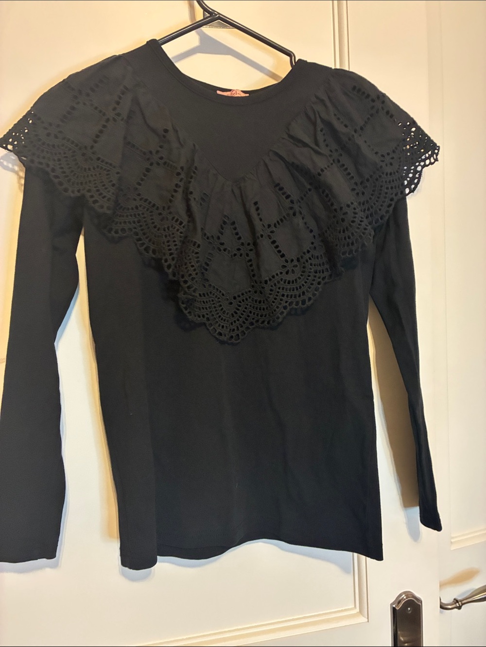 Udel Black Knit Long Sleeve Top with Oversized Eyelet Ruffle Collar👵MT